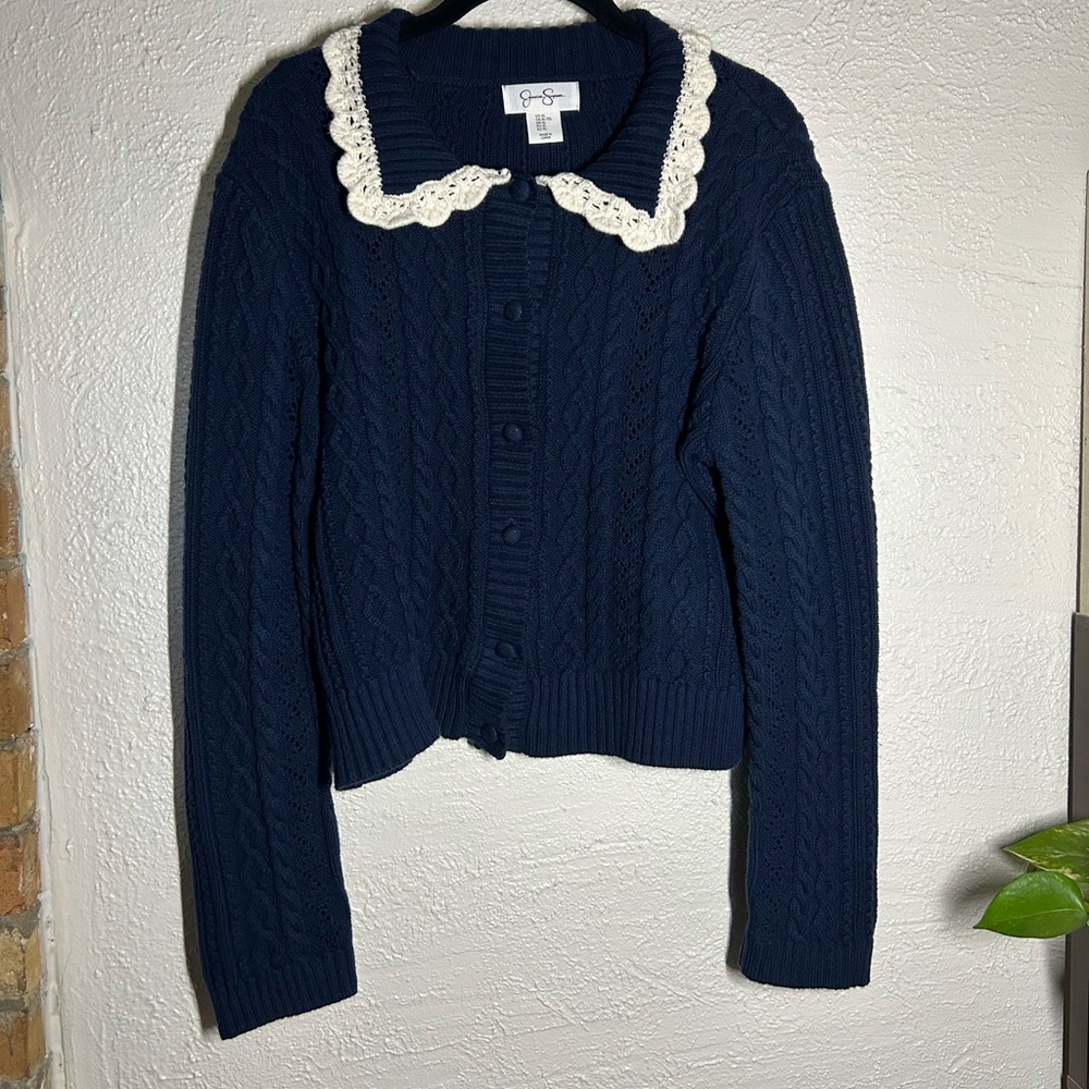 Jessica Simpson Navy Cable Knit Cardigan with Cream Crochet Collar